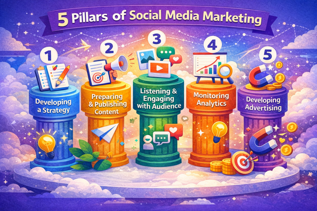 Visual illustration of pros of social media marketing including strategy, content, engagement, analytics and advertising pillars

